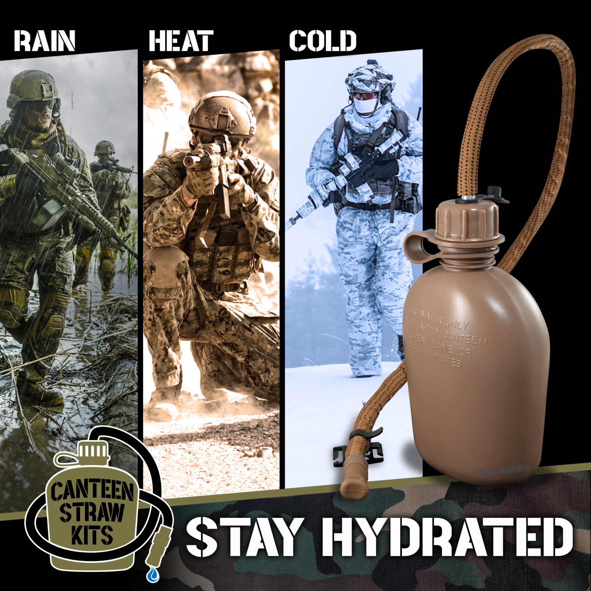 Coyote Brown Canteen Straw Kit with canteen base — military hydration setup shown in action with marching soldiers staying hydrated using a hands-free tactical drinking tube and durable canteen system.