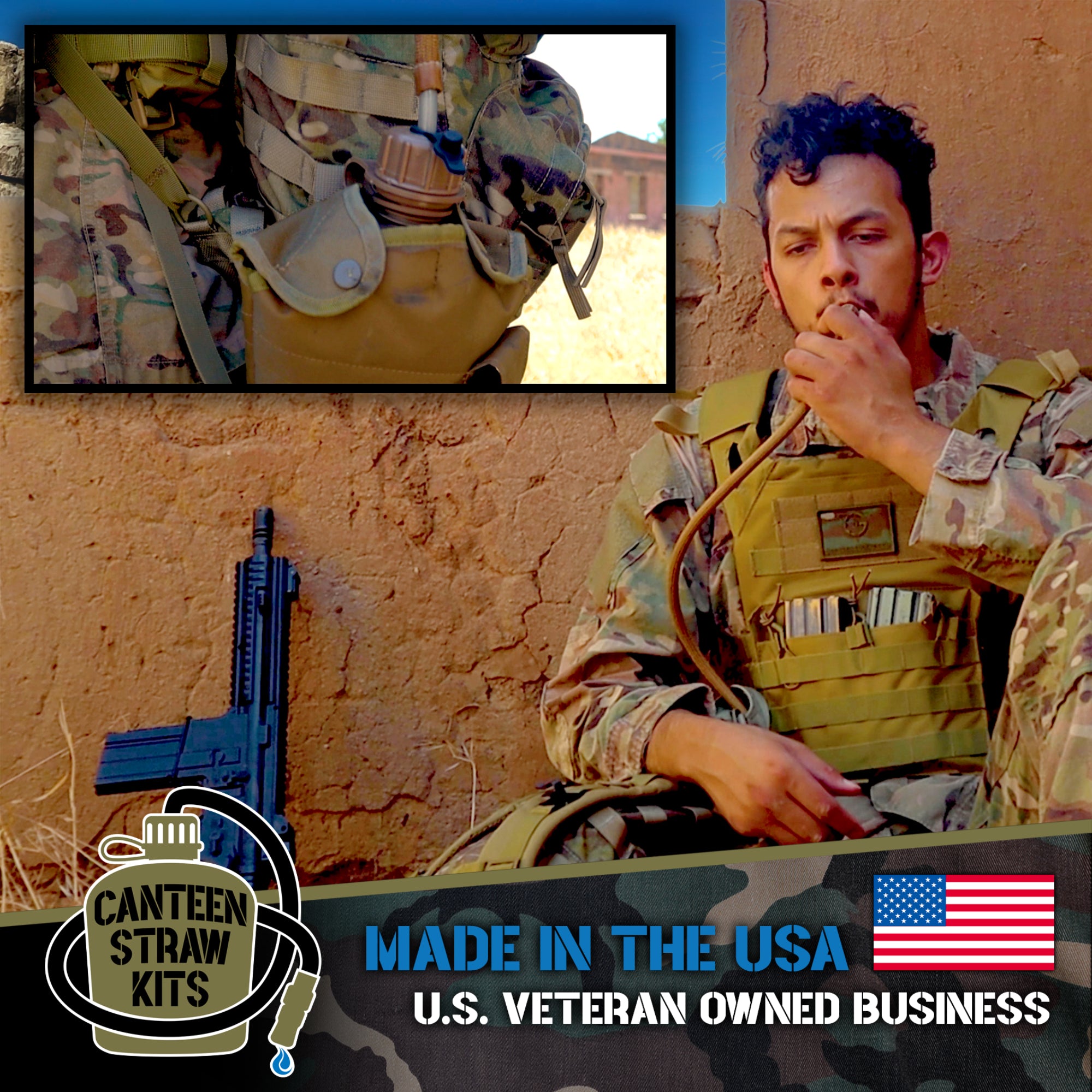 Soldier drinking hands free from canteen straw kit made in USA veteran owned