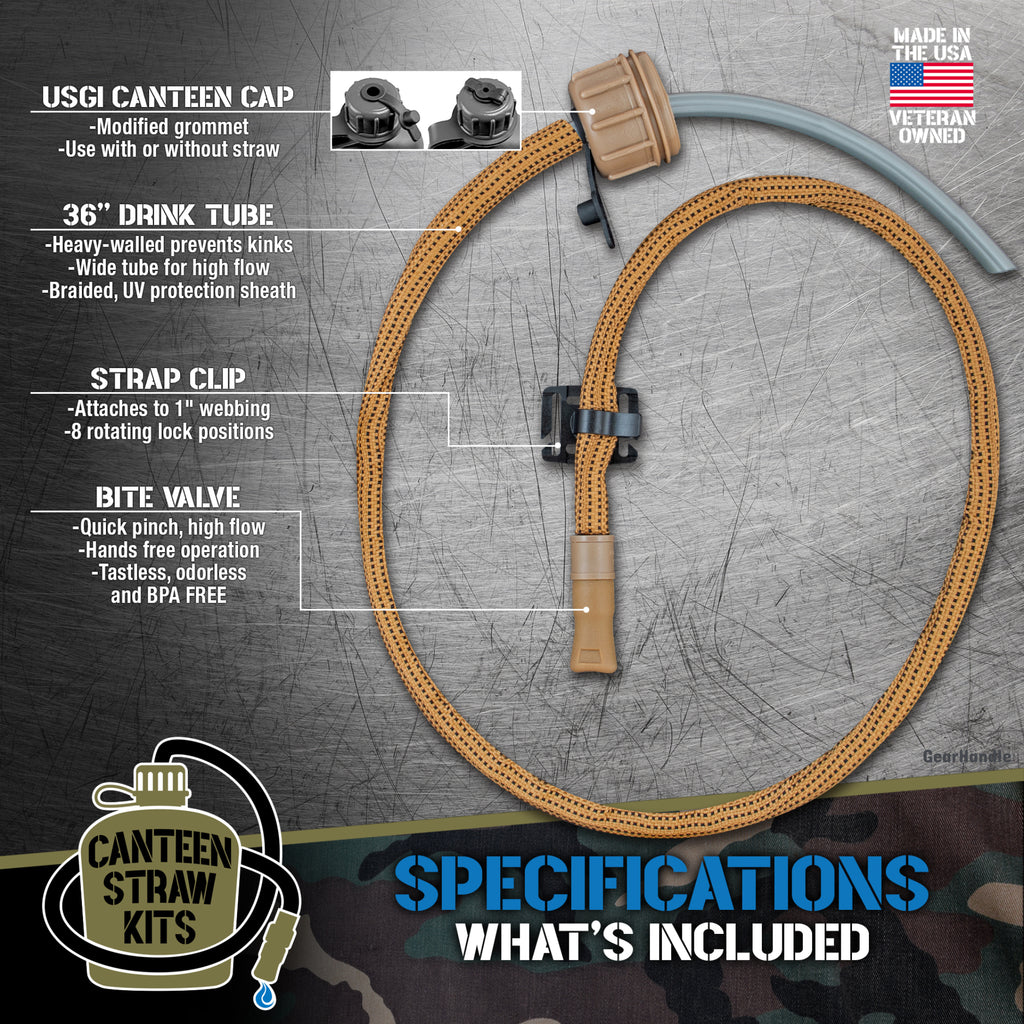 Coyote Brown Canteen Straw Kit - No Canteen Base — complete hydration tube system featuring an insulated bite valve, flexible drinking hose, and tactical cap adapter for military and outdoor canteens.