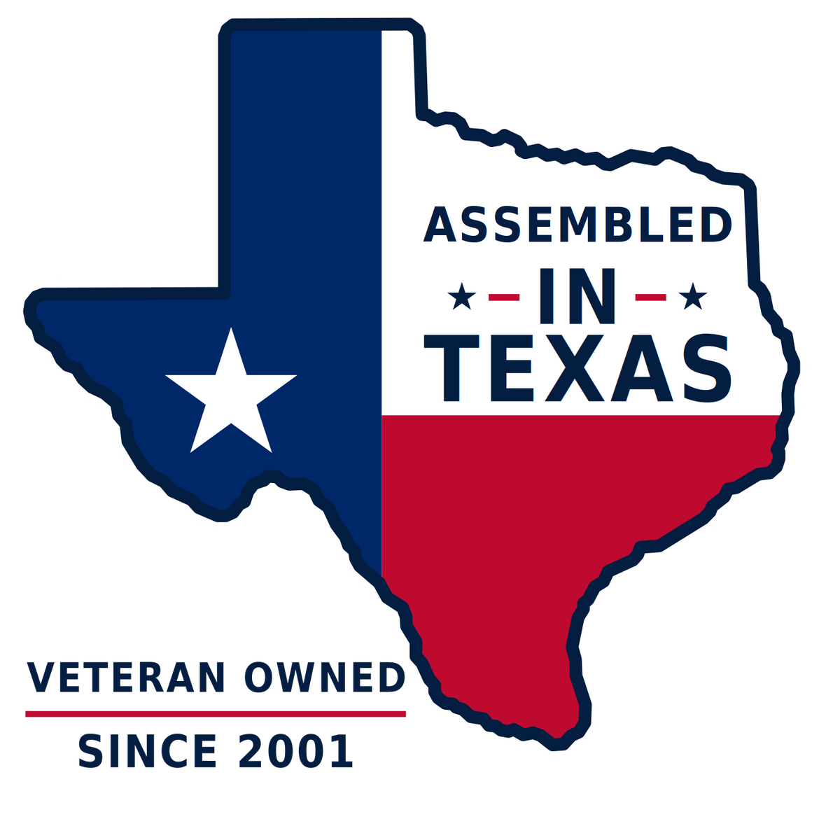 Assembled in Texas badge, veteran owned since 2001, on the Texas state outline in flag colors.